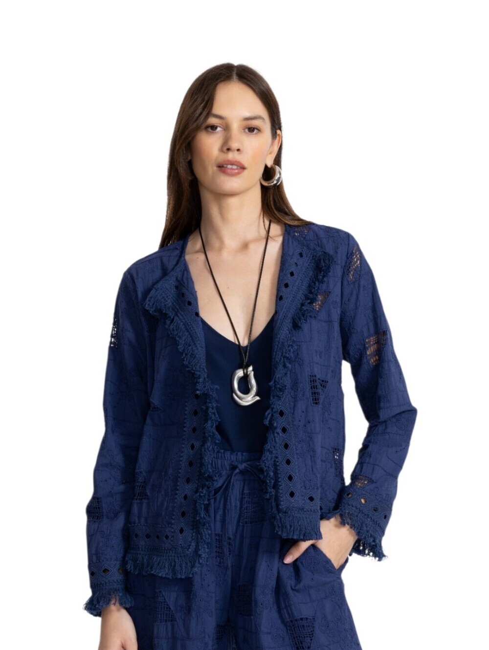 Johnny Was "Kae" Navy Eyelet Fringe Jacket Size S